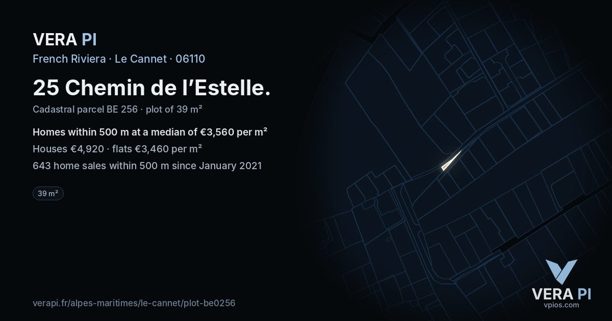 25 Chemin de l’Estelle, Le Cannet at night – the plot lit, the parcels around coloured by the prices near them