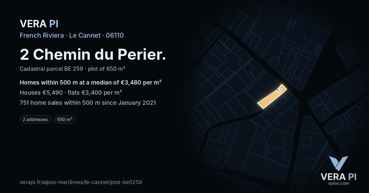 2 Chemin du Perier, Le Cannet at night – the plot lit, the parcels around coloured by the prices near them