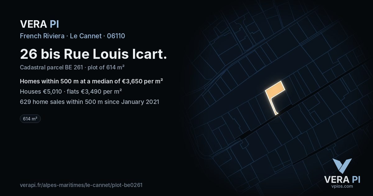 26 bis Rue Louis Icart, Le Cannet at night – the plot lit, the parcels around coloured by the prices near them