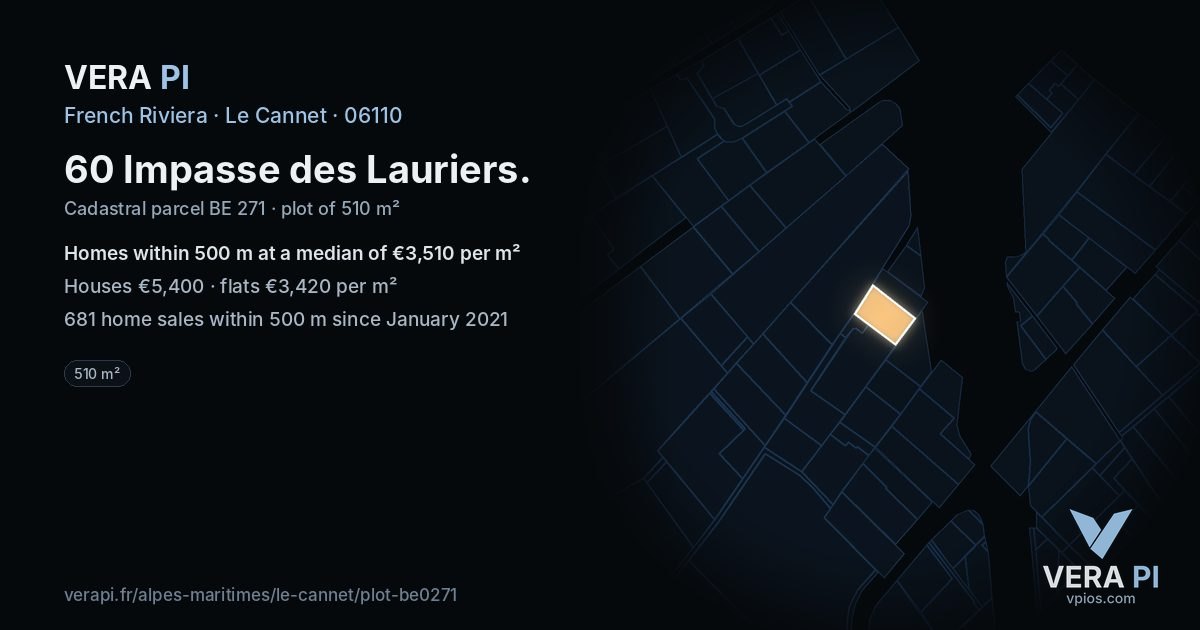 60 Impasse des Lauriers, Le Cannet at night – the plot lit, the parcels around coloured by the prices near them