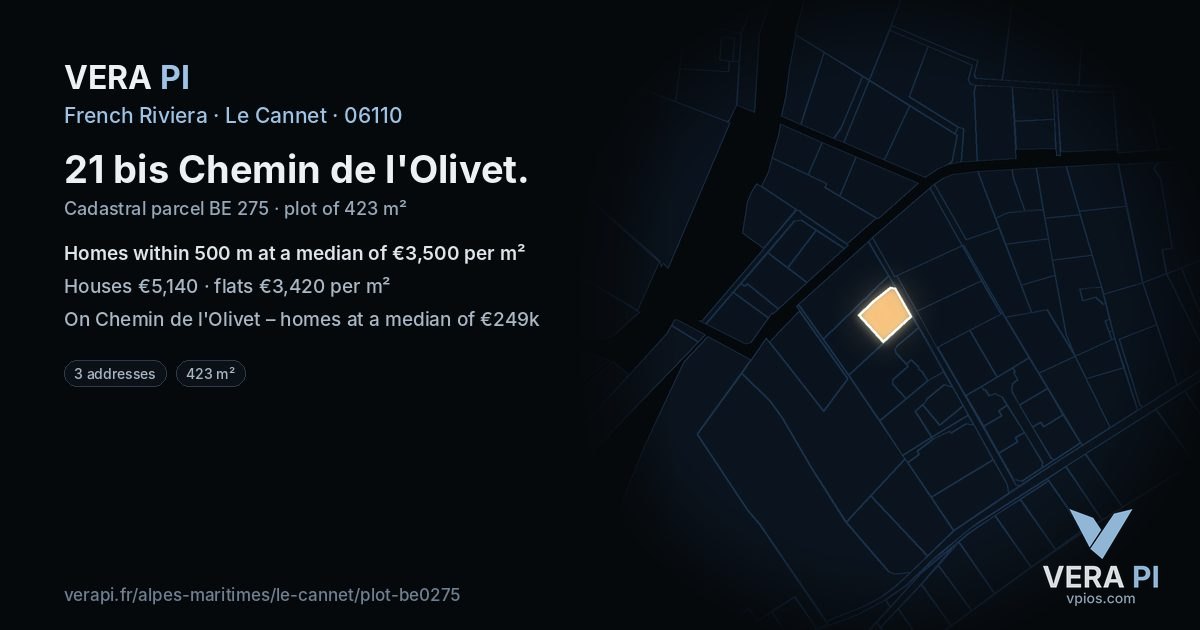 21 bis Chemin de l'Olivet, Le Cannet at night – the plot lit, the parcels around coloured by the prices near them