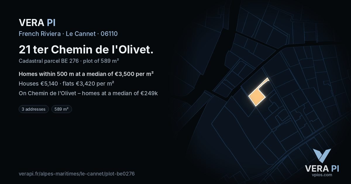 21 ter Chemin de l'Olivet, Le Cannet at night – the plot lit, the parcels around coloured by the prices near them