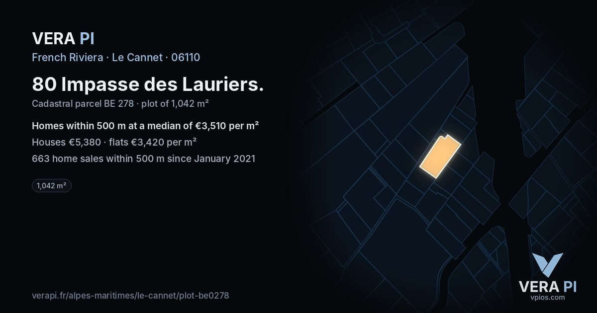 80 Impasse des Lauriers, Le Cannet at night – the plot lit, the parcels around coloured by the prices near them