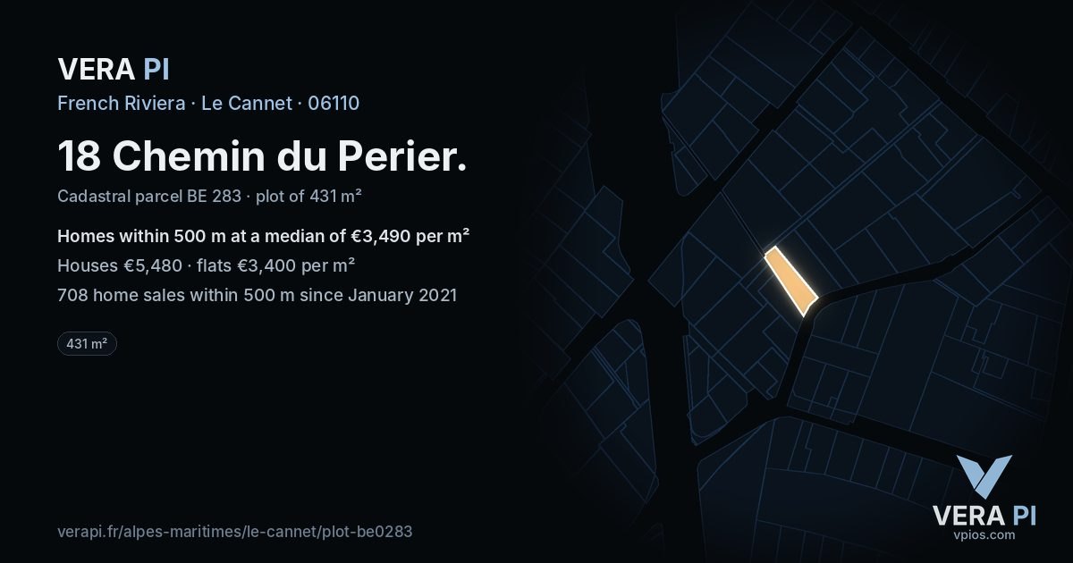 18 Chemin du Perier, Le Cannet at night – the plot lit, the parcels around coloured by the prices near them