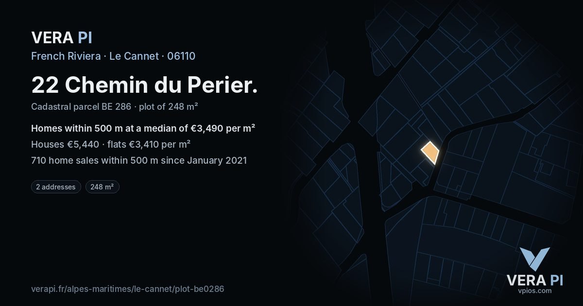 22 Chemin du Perier, Le Cannet at night – the plot lit, the parcels around coloured by the prices near them