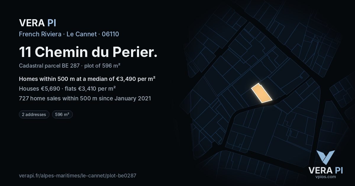 11 Chemin du Perier, Le Cannet at night – the plot lit, the parcels around coloured by the prices near them