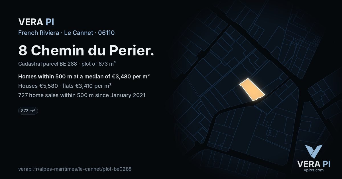 8 Chemin du Perier, Le Cannet at night – the plot lit, the parcels around coloured by the prices near them