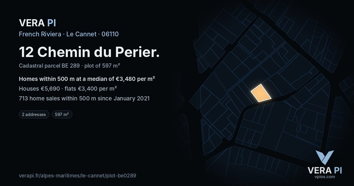 12 Chemin du Perier, Le Cannet at night – the plot lit, the parcels around coloured by the prices near them