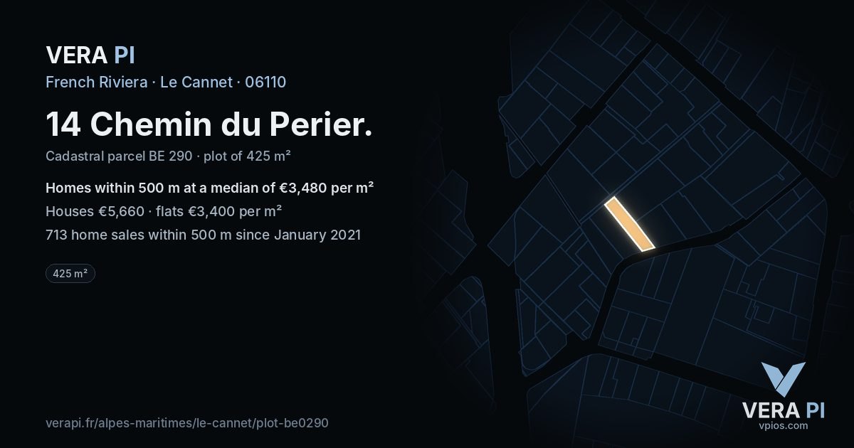 14 Chemin du Perier, Le Cannet at night – the plot lit, the parcels around coloured by the prices near them