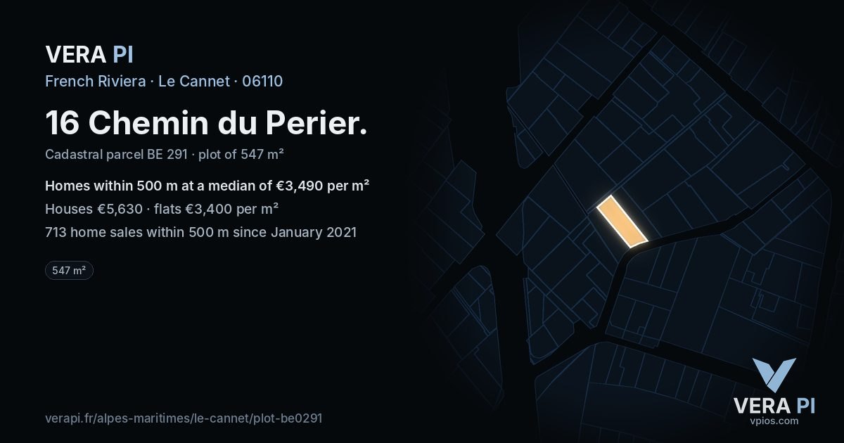 16 Chemin du Perier, Le Cannet at night – the plot lit, the parcels around coloured by the prices near them