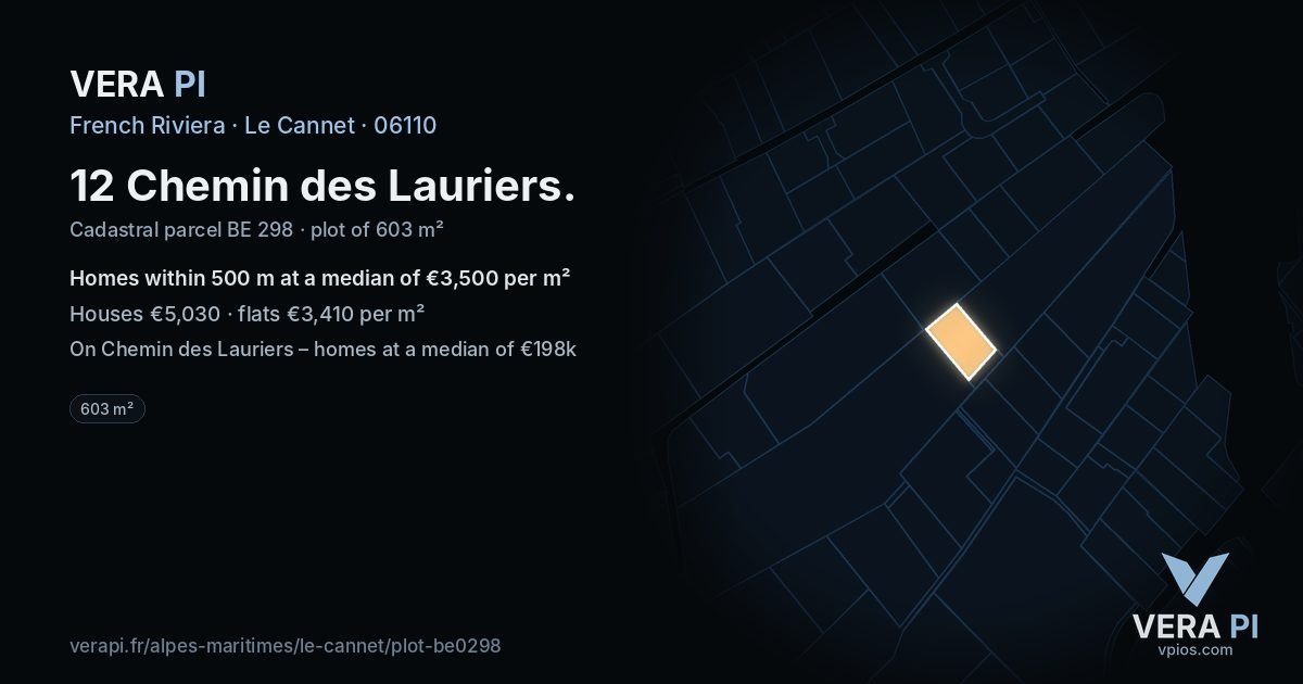 12 Chemin des Lauriers, Le Cannet at night – the plot lit, the parcels around coloured by the prices near them