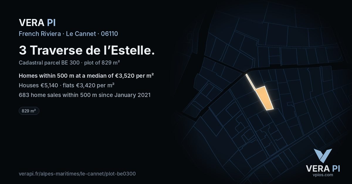 3 Traverse de l’Estelle, Le Cannet at night – the plot lit, the parcels around coloured by the prices near them