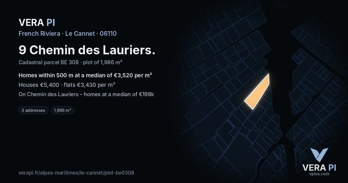 9 Chemin des Lauriers, Le Cannet at night – the plot lit, the parcels around coloured by the prices near them