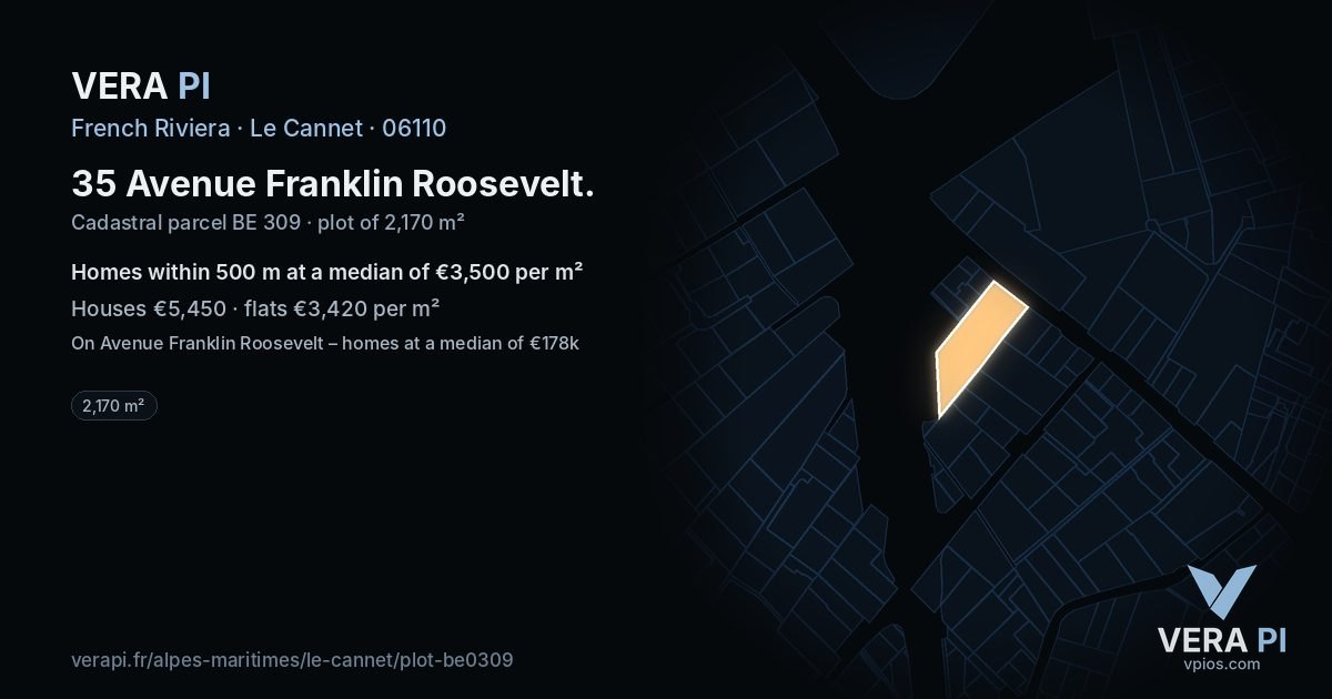 35 Avenue Franklin Roosevelt, Le Cannet at night – the plot lit, the parcels around coloured by the prices near them