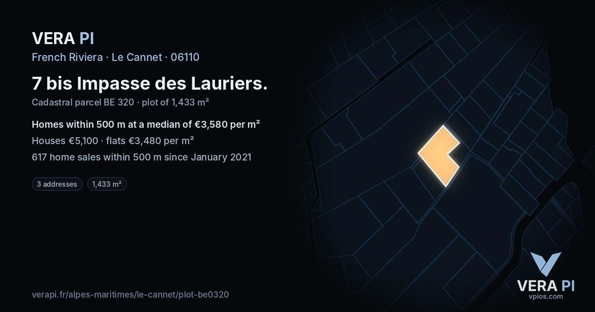 7 bis Impasse des Lauriers, Le Cannet at night – the plot lit, the parcels around coloured by the prices near them