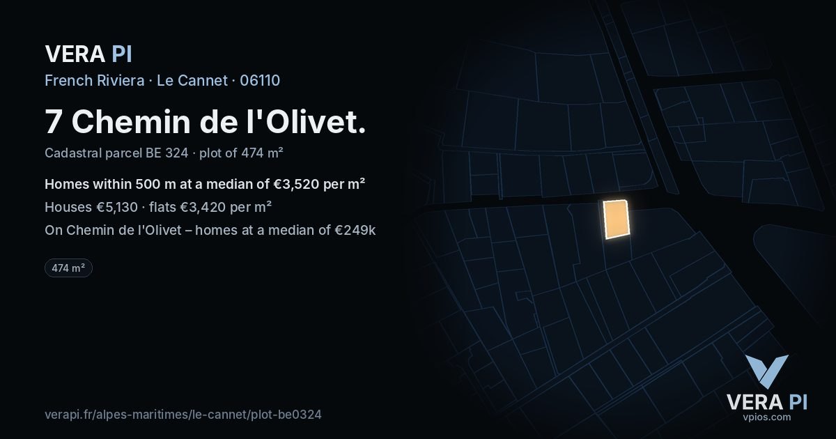 7 Chemin de l'Olivet, Le Cannet at night – the plot lit, the parcels around coloured by the prices near them