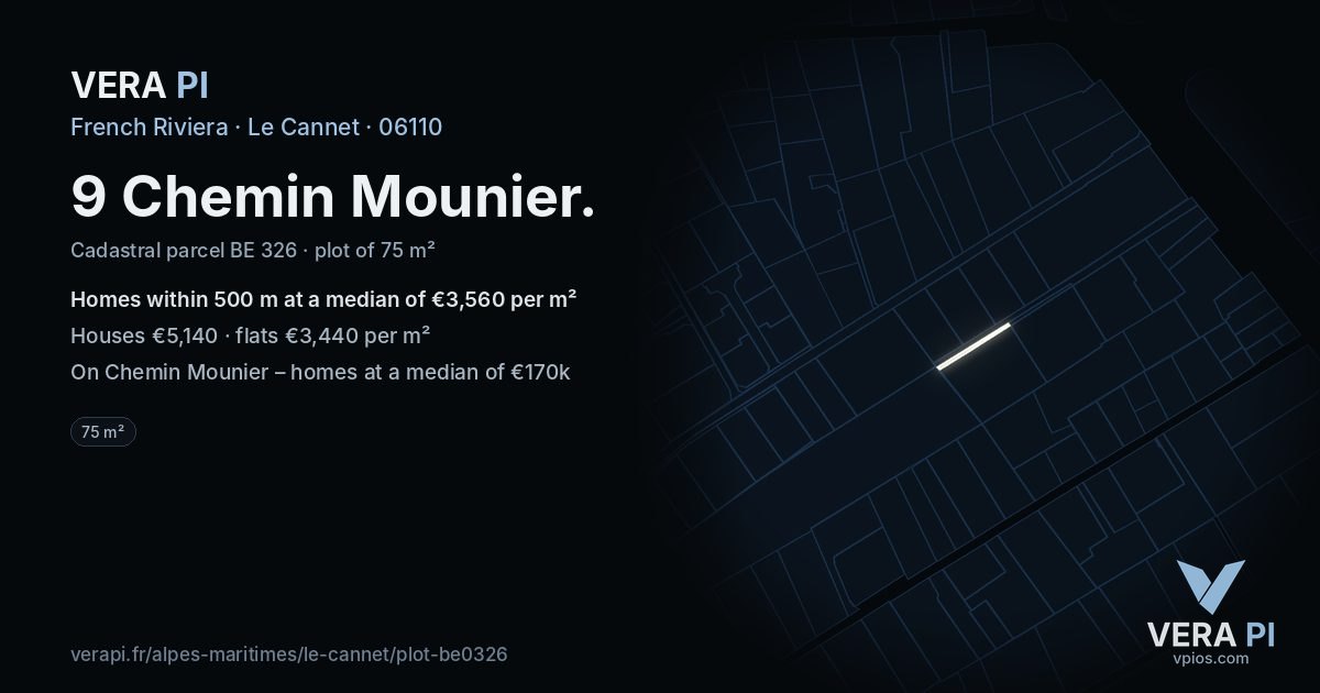 9 Chemin Mounier, Le Cannet at night – the plot lit, the parcels around coloured by the prices near them
