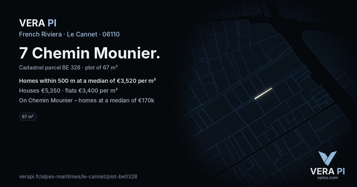 7 Chemin Mounier, Le Cannet at night – the plot lit, the parcels around coloured by the prices near them