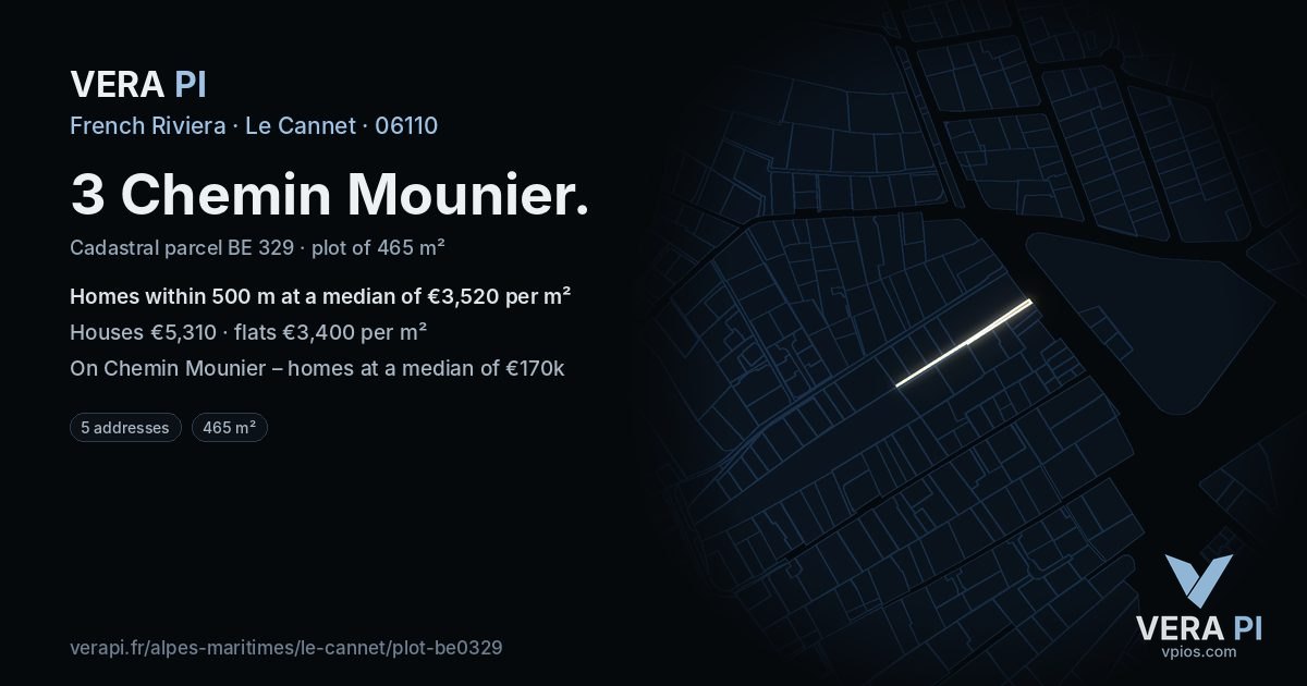 3 Chemin Mounier, Le Cannet at night – the plot lit, the parcels around coloured by the prices near them
