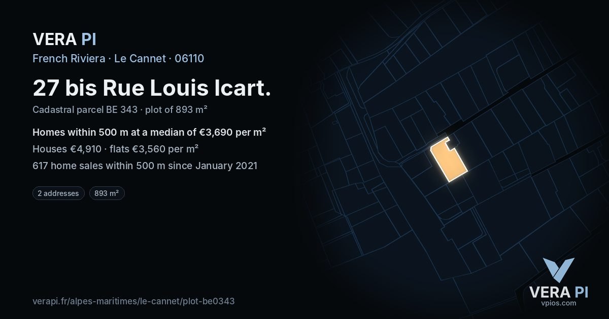 27 bis Rue Louis Icart, Le Cannet at night – the plot lit, the parcels around coloured by the prices near them