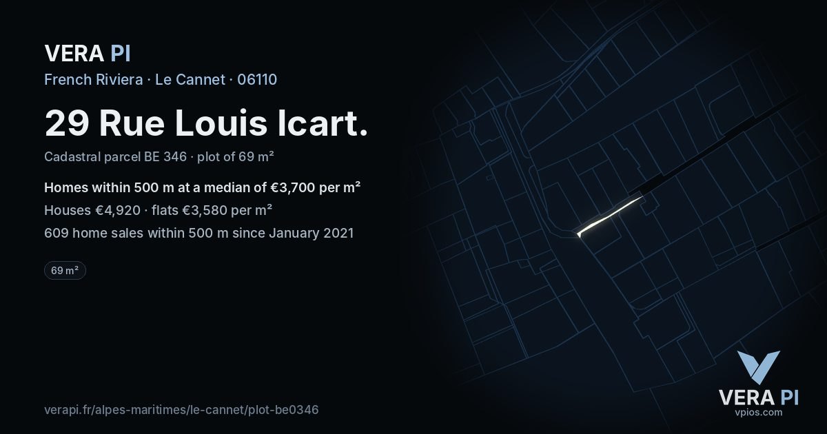 29 Rue Louis Icart, Le Cannet at night – the plot lit, the parcels around coloured by the prices near them