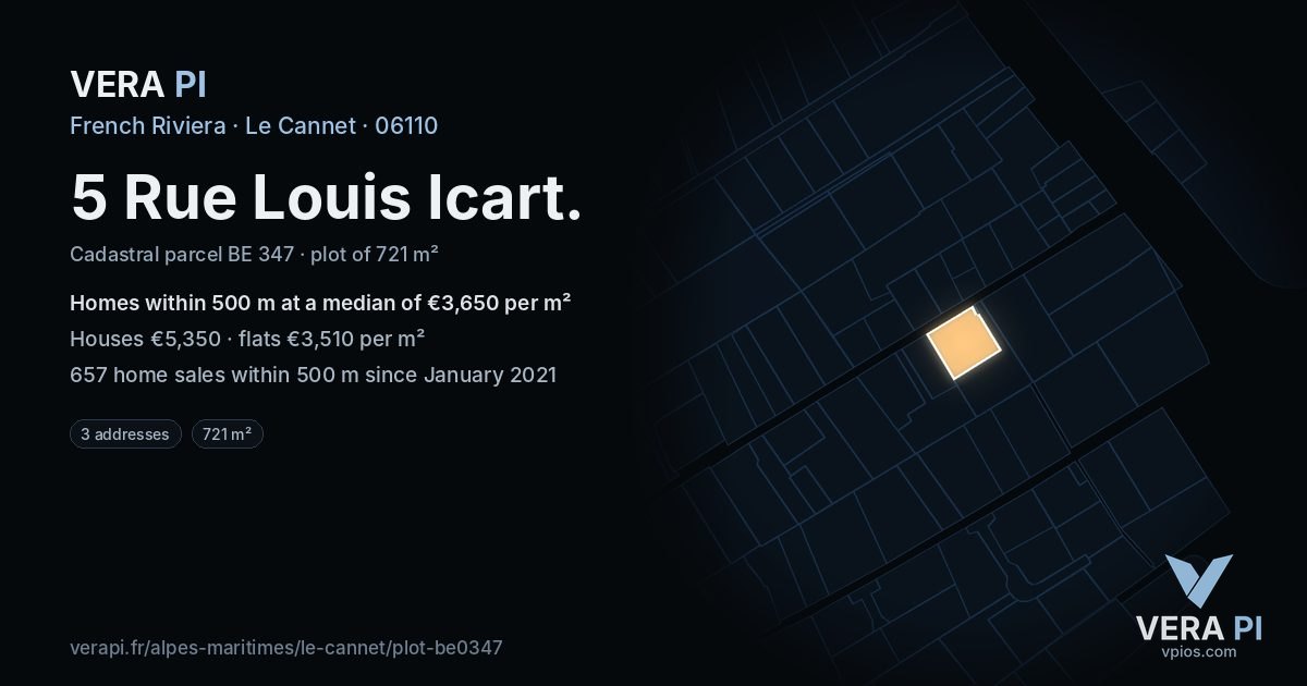 5 Rue Louis Icart, Le Cannet at night – the plot lit, the parcels around coloured by the prices near them