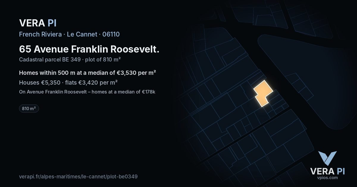 65 Avenue Franklin Roosevelt, Le Cannet at night – the plot lit, the parcels around coloured by the prices near them
