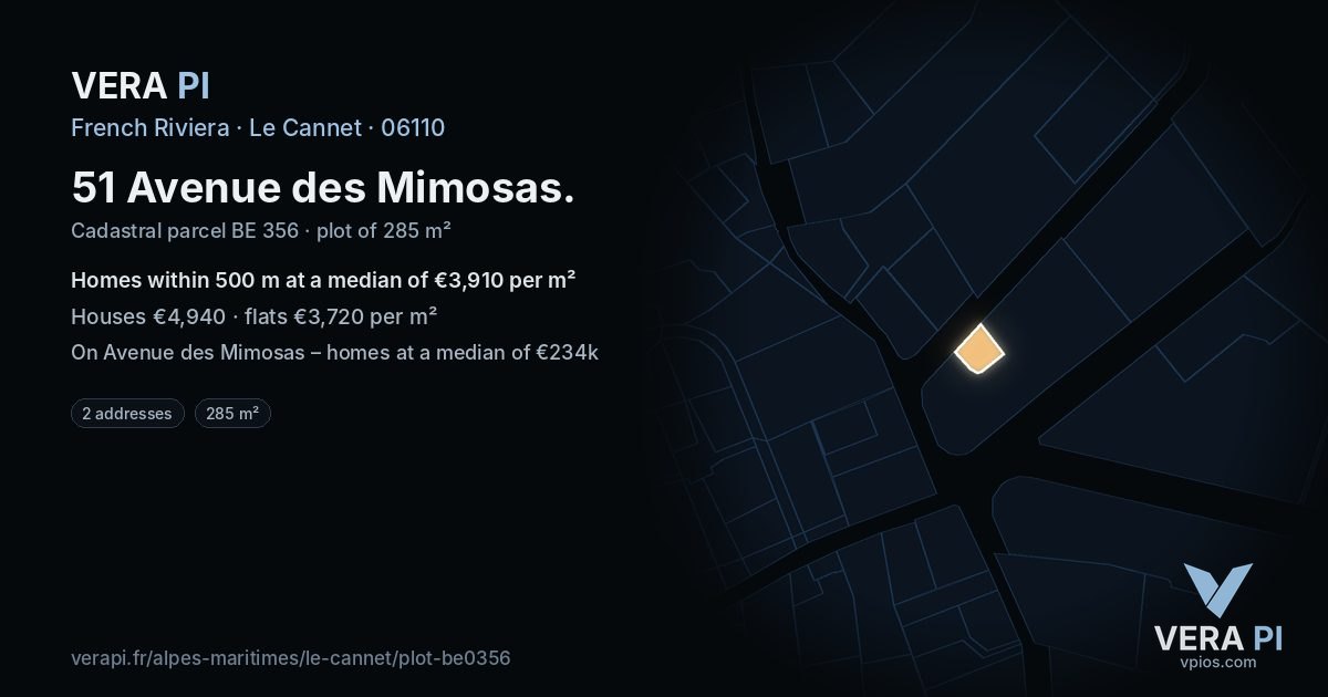 51 Avenue des Mimosas, Le Cannet at night – the plot lit, the parcels around coloured by the prices near them