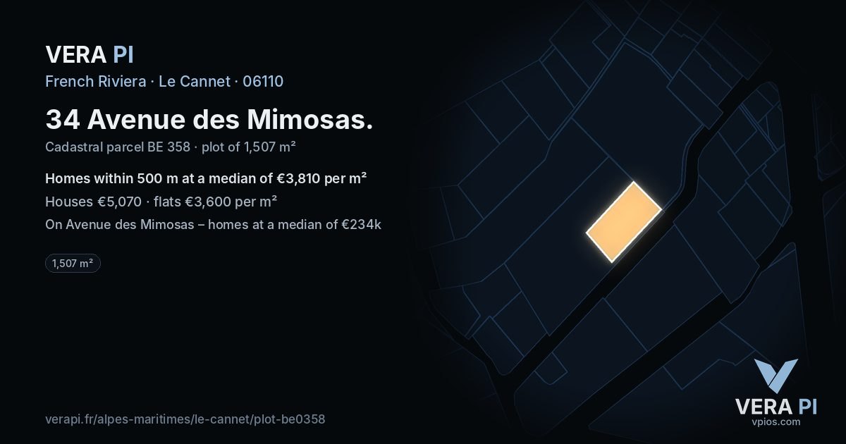 34 Avenue des Mimosas, Le Cannet at night – the plot lit, the parcels around coloured by the prices near them