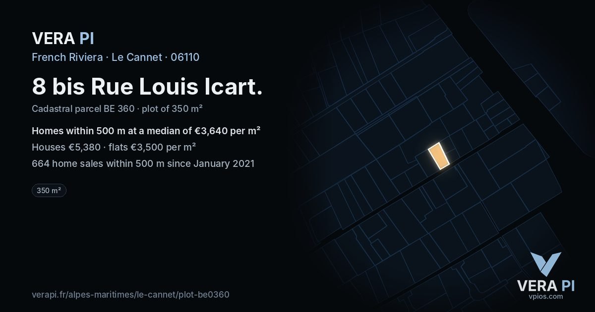 8 bis Rue Louis Icart, Le Cannet at night – the plot lit, the parcels around coloured by the prices near them