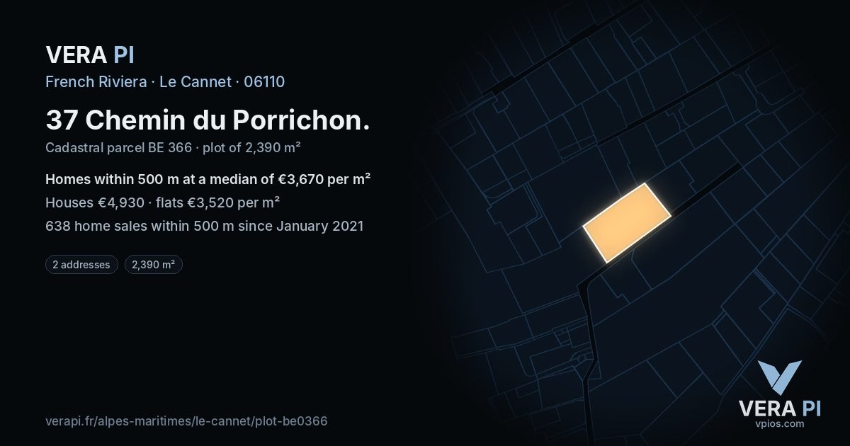 37 Chemin du Porrichon, Le Cannet at night – the plot lit, the parcels around coloured by the prices near them