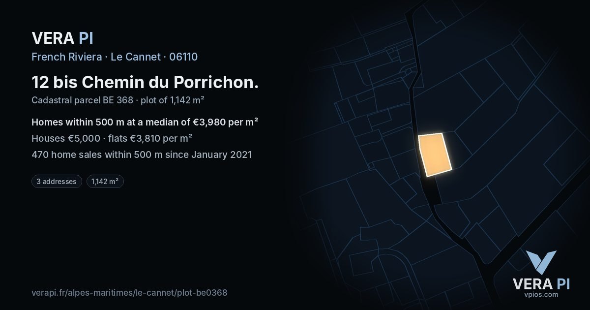 12 bis Chemin du Porrichon, Le Cannet at night – the plot lit, the parcels around coloured by the prices near them