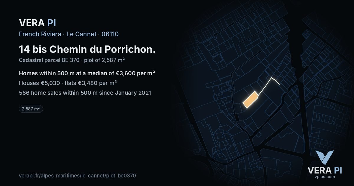 14 bis Chemin du Porrichon, Le Cannet at night – the plot lit, the parcels around coloured by the prices near them