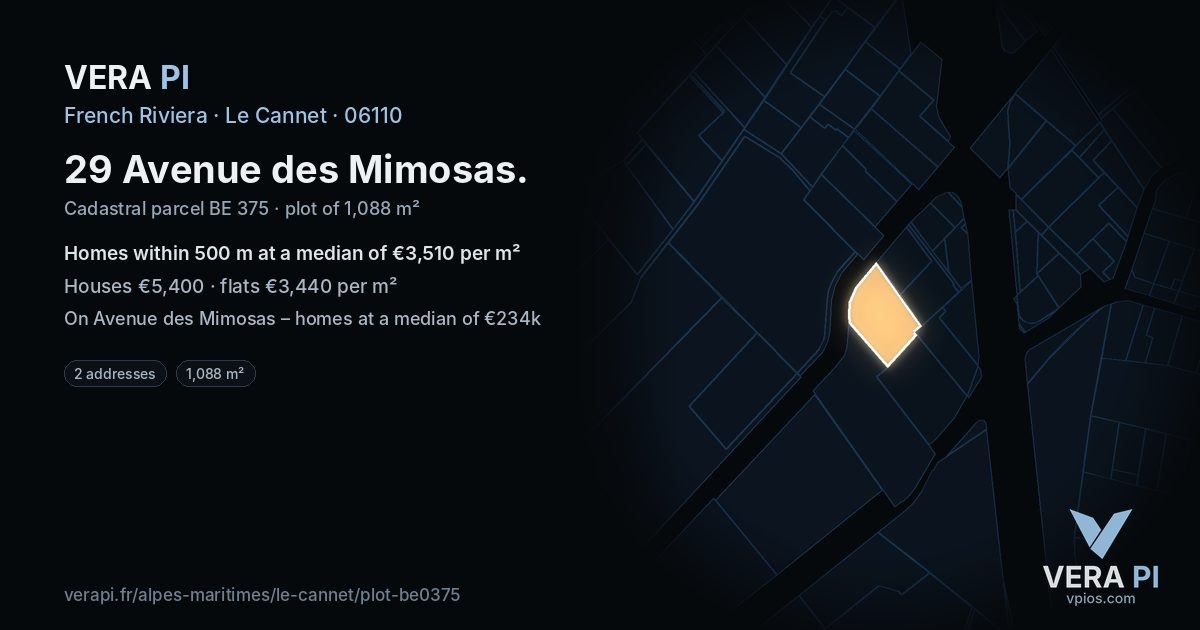 29 Avenue des Mimosas, Le Cannet at night – the plot lit, the parcels around coloured by the prices near them