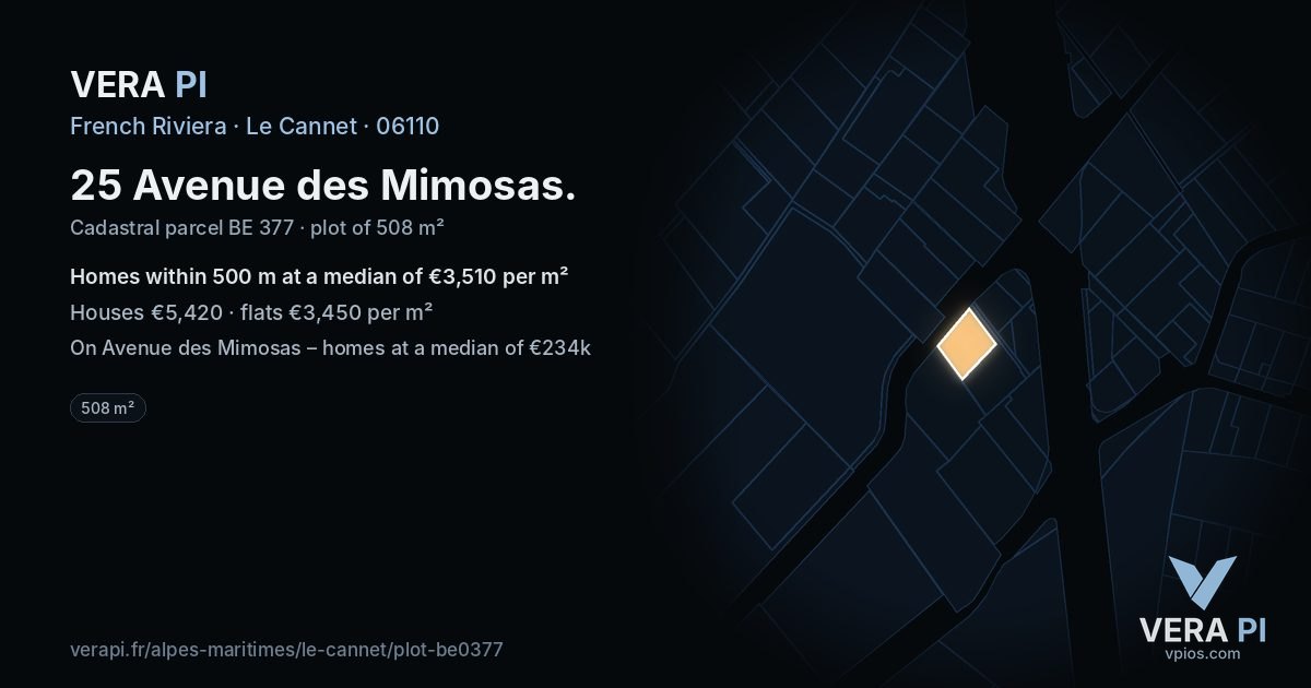 25 Avenue des Mimosas, Le Cannet at night – the plot lit, the parcels around coloured by the prices near them