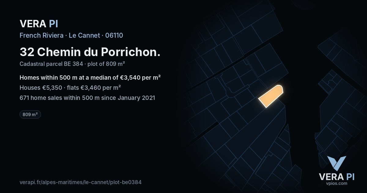 32 Chemin du Porrichon, Le Cannet at night – the plot lit, the parcels around coloured by the prices near them