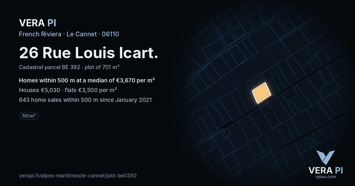 26 Rue Louis Icart, Le Cannet at night – the plot lit, the parcels around coloured by the prices near them