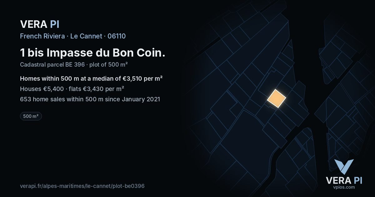 1 bis Impasse du Bon Coin, Le Cannet at night – the plot lit, the parcels around coloured by the prices near them