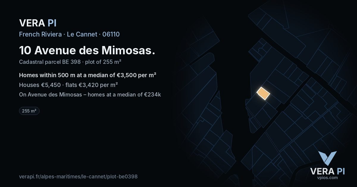 10 Avenue des Mimosas, Le Cannet at night – the plot lit, the parcels around coloured by the prices near them