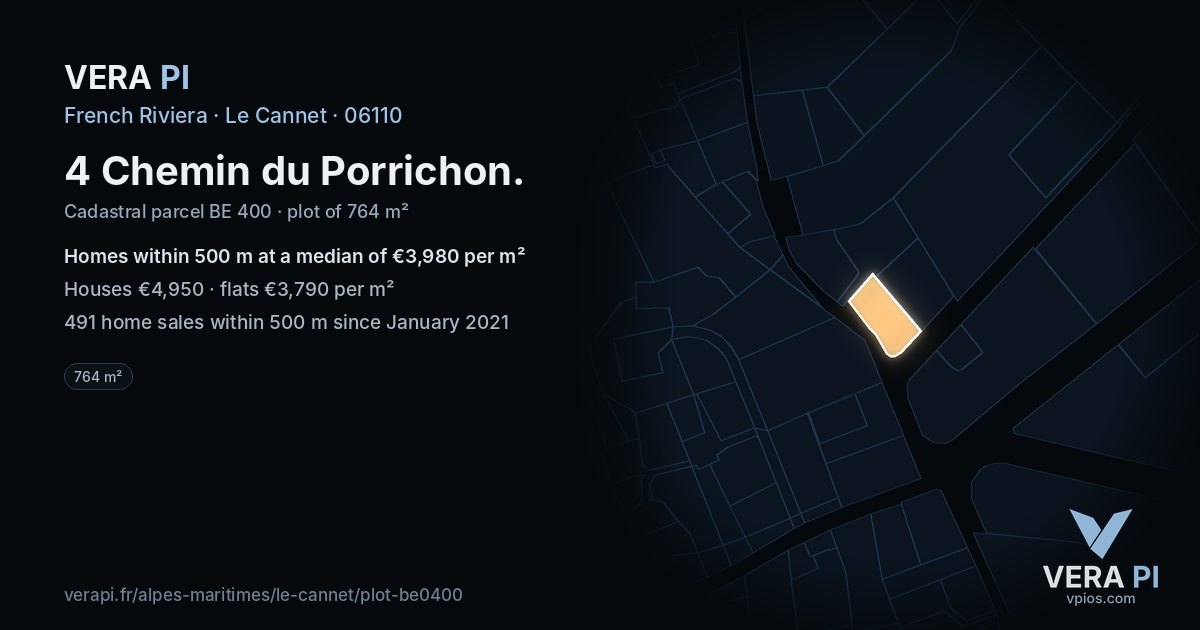 4 Chemin du Porrichon, Le Cannet at night – the plot lit, the parcels around coloured by the prices near them