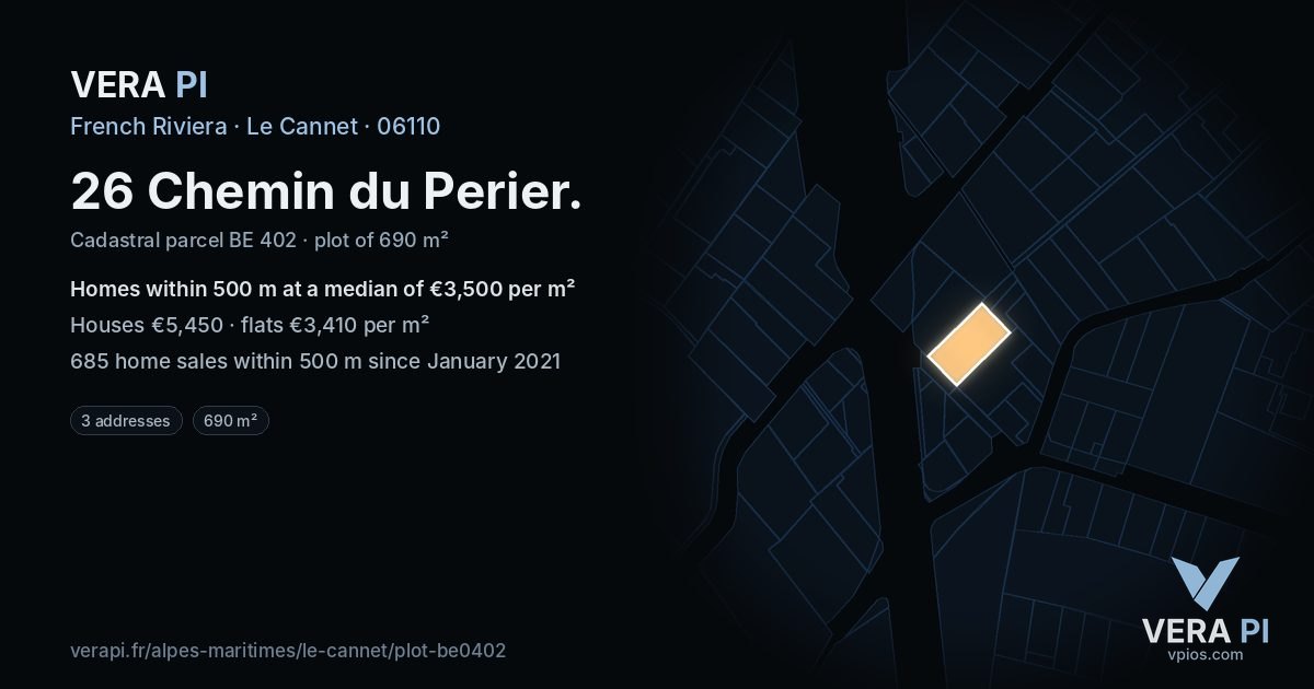 26 Chemin du Perier, Le Cannet at night – the plot lit, the parcels around coloured by the prices near them
