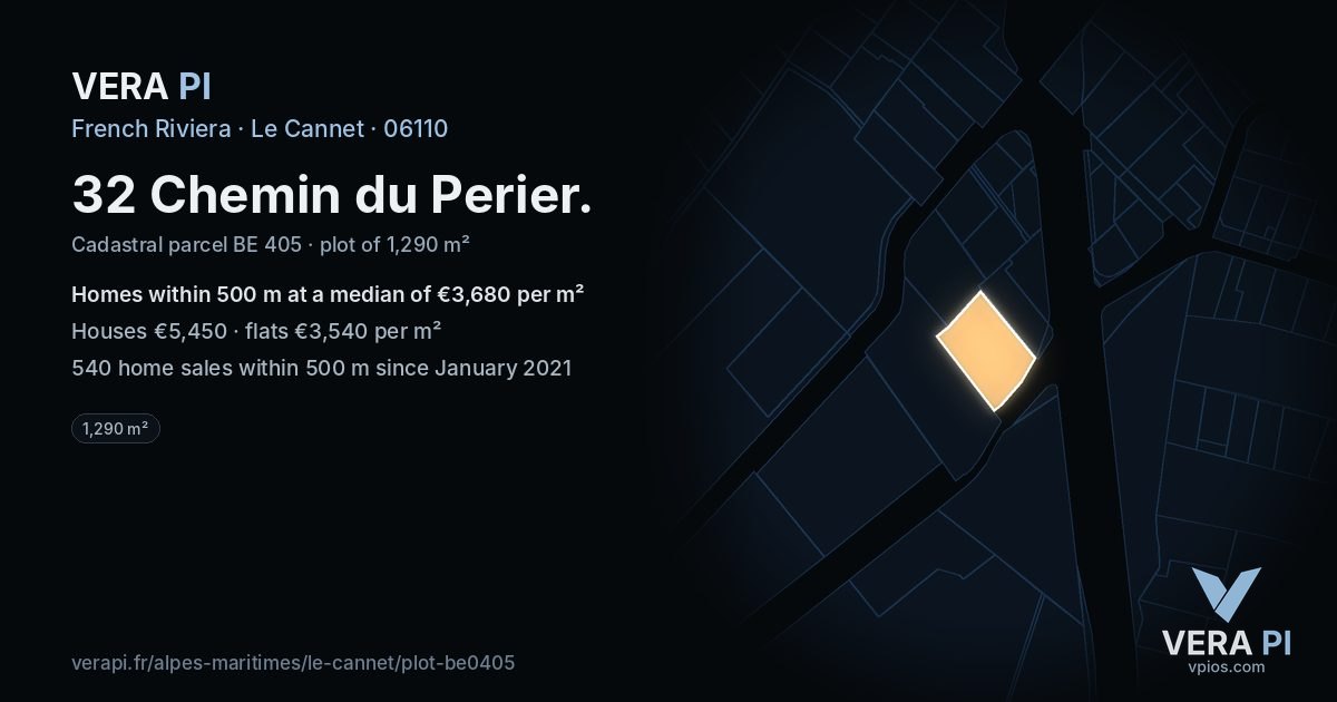 32 Chemin du Perier, Le Cannet at night – the plot lit, the parcels around coloured by the prices near them