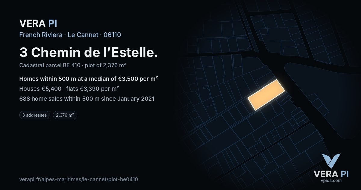 3 Chemin de l’Estelle, Le Cannet at night – the plot lit, the parcels around coloured by the prices near them