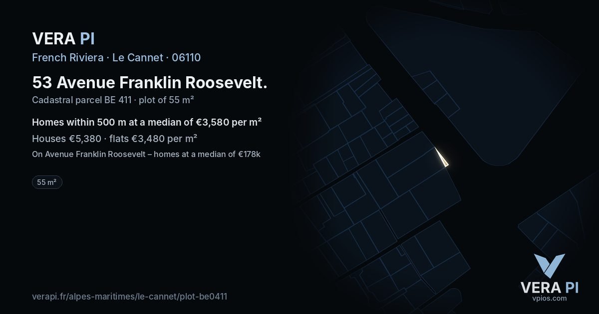 53 Avenue Franklin Roosevelt, Le Cannet at night – the plot lit, the parcels around coloured by the prices near them