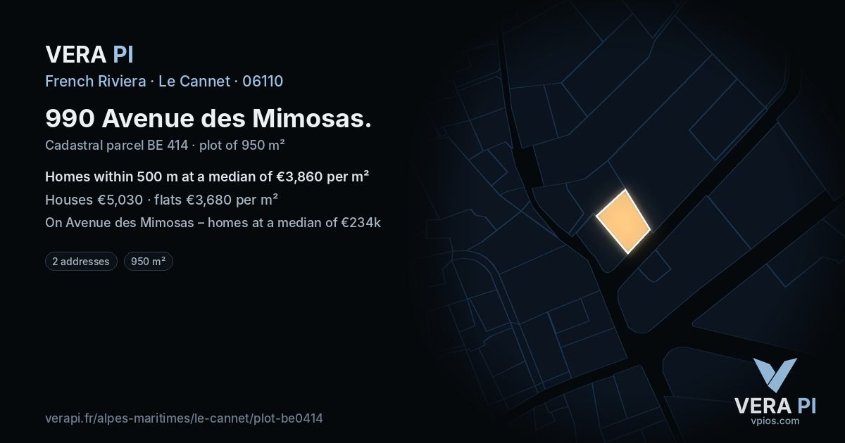 990 Avenue des Mimosas, Le Cannet at night – the plot lit, the parcels around coloured by the prices near them