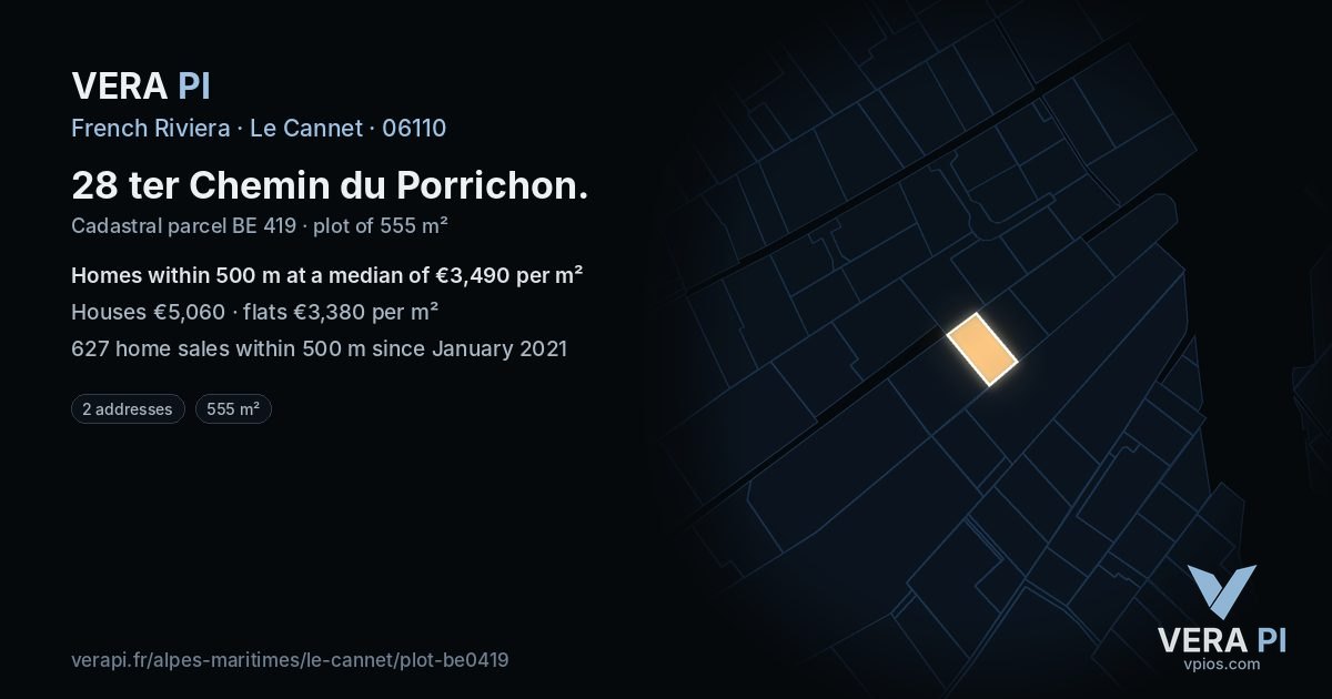 28 ter Chemin du Porrichon, Le Cannet at night – the plot lit, the parcels around coloured by the prices near them
