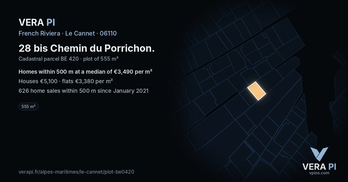 28 bis Chemin du Porrichon, Le Cannet at night – the plot lit, the parcels around coloured by the prices near them