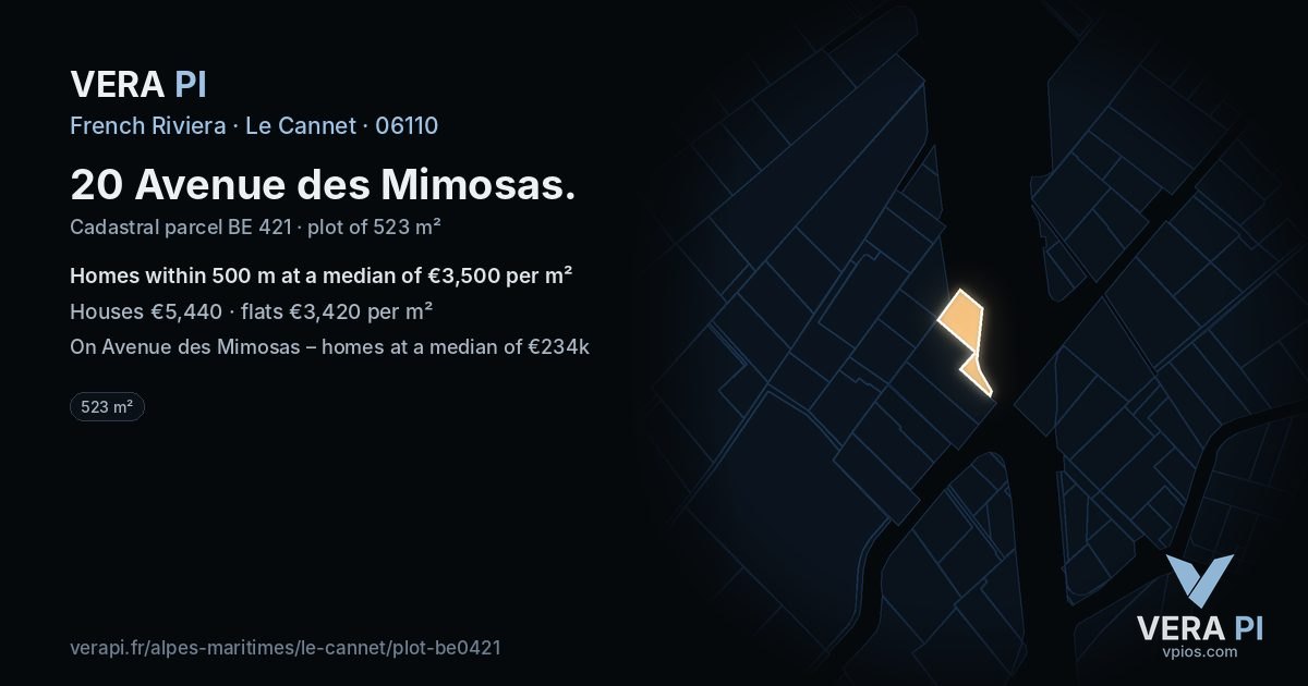 20 Avenue des Mimosas, Le Cannet at night – the plot lit, the parcels around coloured by the prices near them