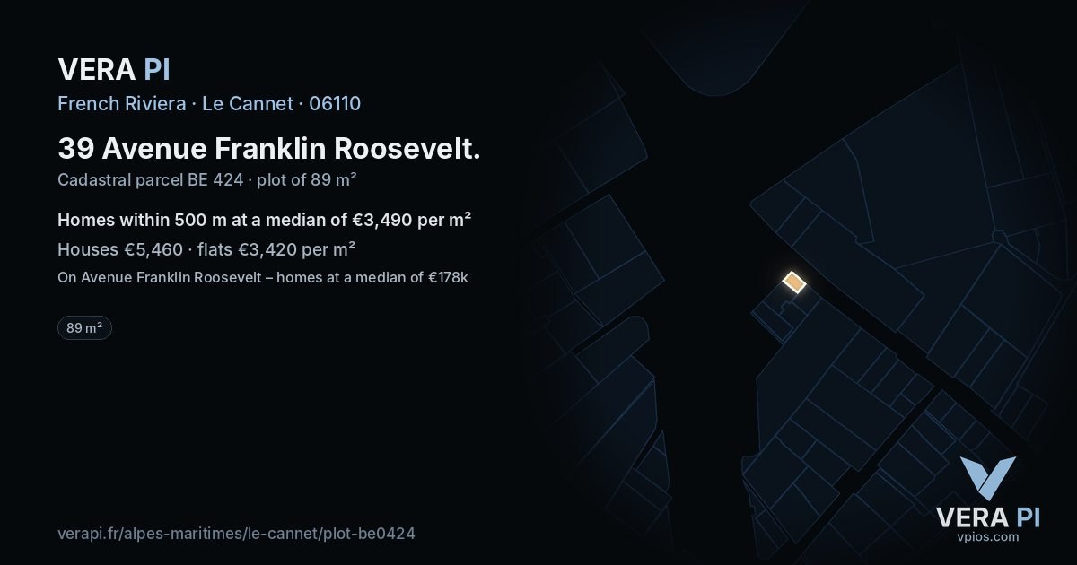 39 Avenue Franklin Roosevelt, Le Cannet at night – the plot lit, the parcels around coloured by the prices near them