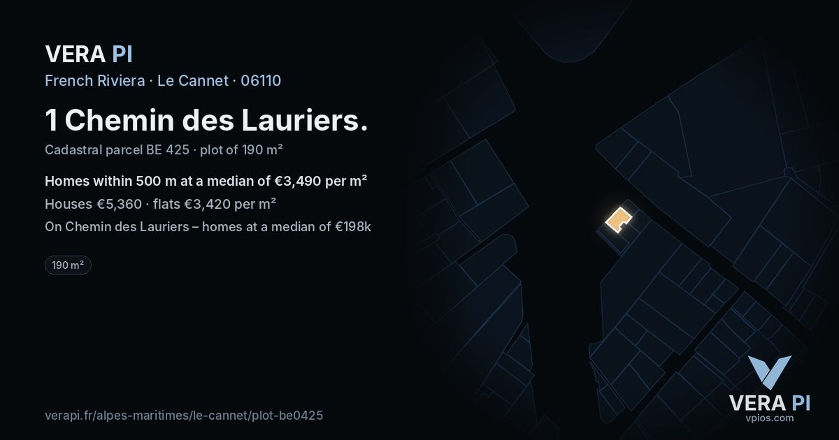 1 Chemin des Lauriers, Le Cannet at night – the plot lit, the parcels around coloured by the prices near them